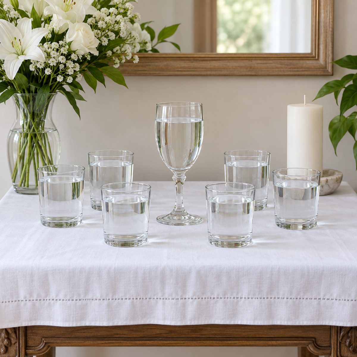 Bóveda espiritual con siete vasos de agua, flores blancas y vela