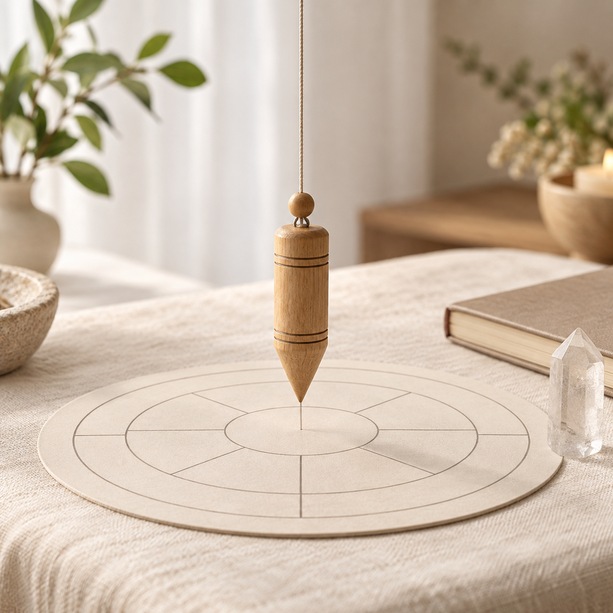 Péndulo hebreo de madera en una mesa de terapia