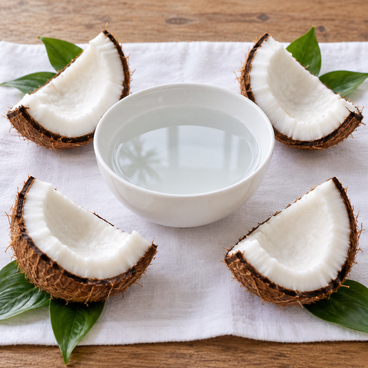 Cuatro piezas de coco y cuenco de agua para limpieza espiritual de cabeza