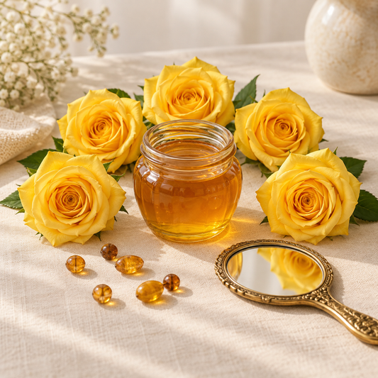 Miel, cinco rosas amarillas y espejo para obra espiritual de Oshún