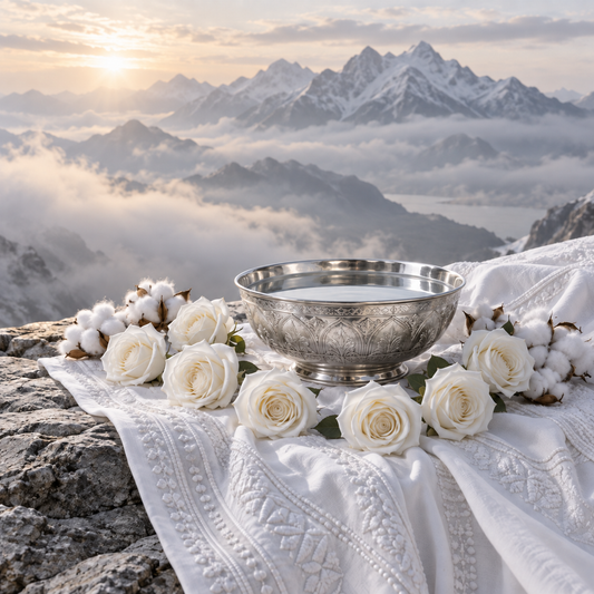Obra espiritual mayor para Obatalá con ocho rosas blancas, algodón y plata