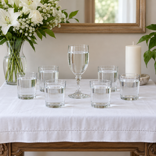 Bóveda espiritual con siete vasos de agua, flores blancas y vela