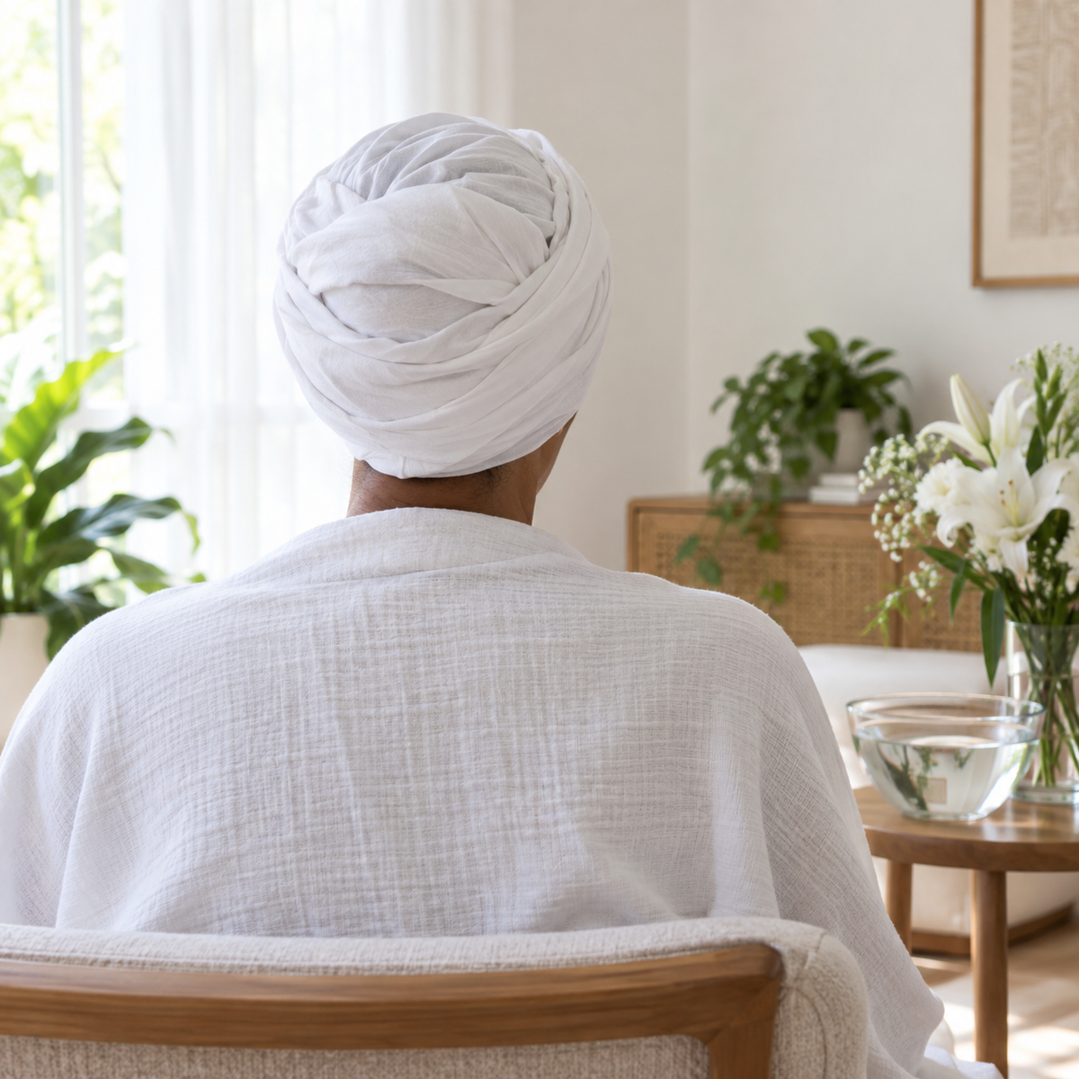 Persona con la cabeza cubierta de blanco durante una atención espiritual